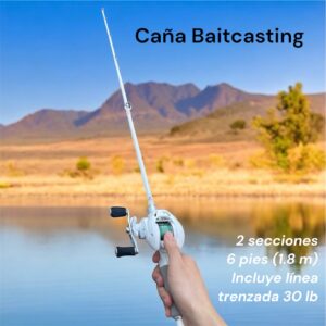 Caña baitcasting 2 secciones 1.8 m (6 ft) + carrete izquierdo + línea trenzada 30 lb