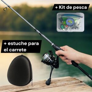 Caña 4 secciones 1.8 m (6 ft) + carrete DEUKIO 2000 + mini kit de pesca + estuche